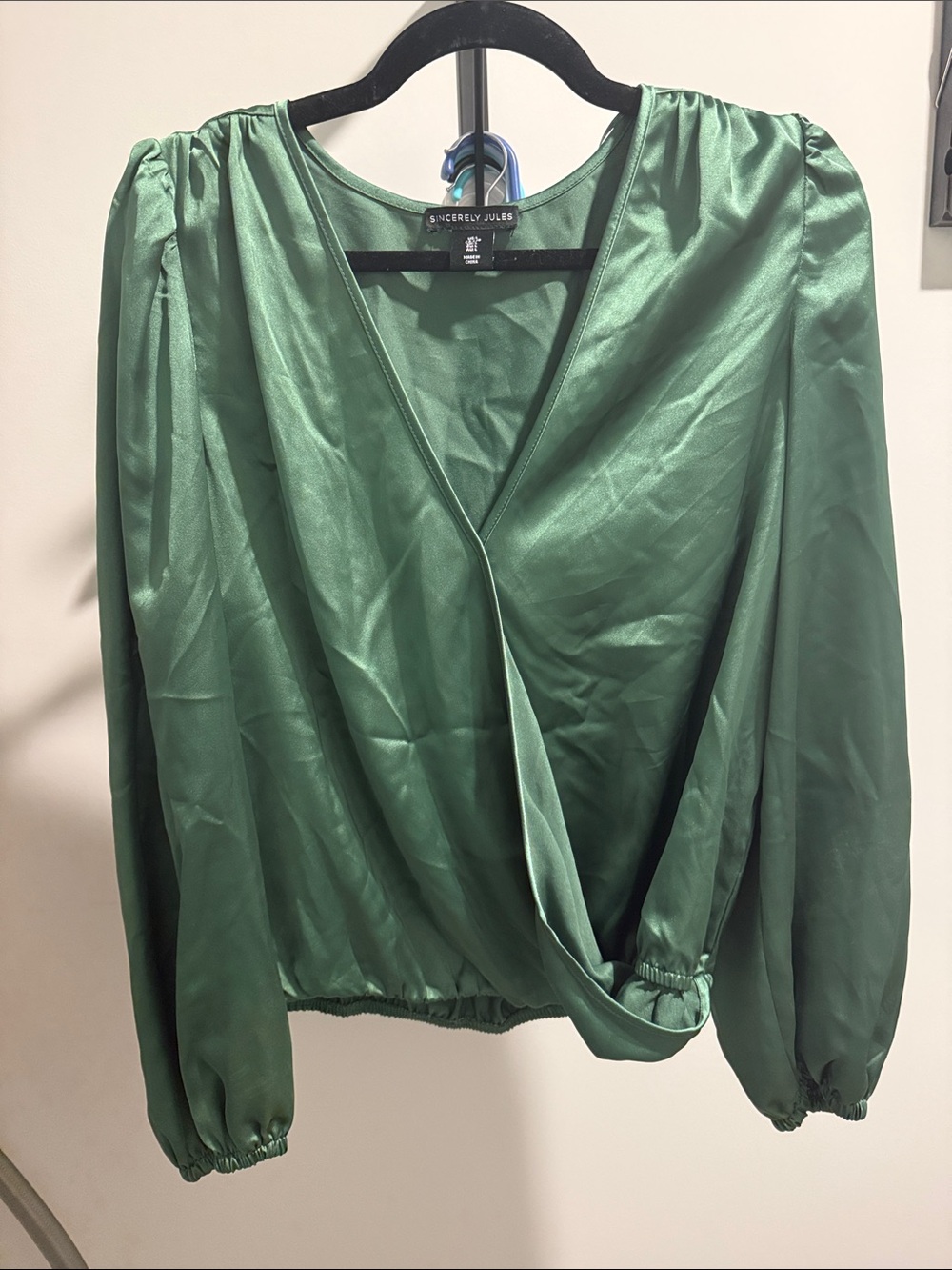 Sincerely Jules Emerald Wrap-Front Blouse with Puff Sleeves